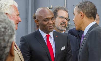 POWER: President Barack Obama of United States of America (right), Mr. Tony Elumelu (middle) and others discuss Africa's power sector transformation during a tour of the Ubungo Power Plant near Dar-es-Salaam, Tanzania, Monday.