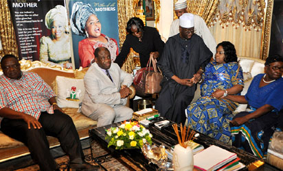 From Left: Chief Emmanuel Iwuanyanwu, Prof. Chinedu Nebo, Chief Tony Anenih; condoling with the First Lady, Dame Patience Jonathan over the death of her step mother. Right is the mother of the President, Mrs Eunice Jonathan.