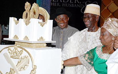 Tony 1 President Goodluck Jonathan left Chief Tony Anenih and his Wife Dame Patricia Anenih Cutting Chief Tony Anenihs 80th Birthday