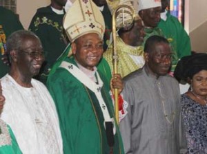 ANENIH @ 80—President Goodluck Jonathan flanked by the First Lady, Dame Patience Jonathan (2r) and Cardinal John Onaiyekan, Chairman PDP Board of Trustees, Chief Tony Anenih and his wife, Mrs. Anenih (l) watch after a Holy Mass celebrated to mark Chief Anenih's 80th birthday at Our Lady Queen of Nigeria, Pro-Cathedral, Area 3, Garki, Abuja, yesterday. Photo: Abayomi Adeshida.