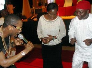 CONFERENCE: Governor Emmanuel Uduaghan of Delta State (right) his wife Deaconess Roli Uduaghan (middle ) and D Banj dancing along side with other editors during the Gala-Night put together by the Delta Sate Government marking the end of 9th Nigerian Guild of Editors Conference held at the Event Centre, Asaba, Saturday. Photo: Henry Unin