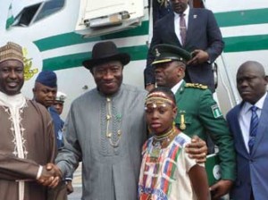 File: Photo NDA—From left: Governor Mukhtar Yero of Kaduna State, welcoming President Goodluck Jonathan and President Alassane Ouattara of Cote D'ivoire at the Kaduna Airport for the Nigerian Defence Academy convocation, weekend.