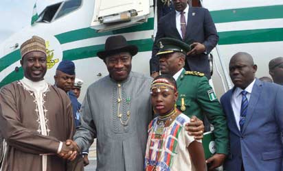Photo NDA—From left: Governor Mukhtar Yero of Kaduna State, welcoming President Goodluck Jonathan and President Alassane Ouattara of Cote D'ivoire at the Kaduna Airport for the Nigerian Defence Academy convocation, weekend.