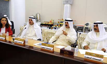 (From L-R) Kuwaiti Minister of Planning, Development and State Minister for National Assembly Affairs Rula Dashti, Information and State Minister for Youth Affairs Sheikh Salman Sabah al-Sabah, Deputy Prime Minister and Interior Minister Mohammad Khaled al-Sabah and First Deputy Prime Minister and Foreign Minister Sheikh Sabah Khaled al-Sabah, attend a meeting at the national assembly in Kuwait City on September 4, 2013, to discuss the state's emergency plan in case of a potential US military strike against Syria. AFP PHOTO