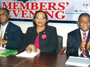 NCRIB MEMBERS EVENING: From left: Deputy President, Nigerian Council of Registered Insurance Brokers (NCRIB), Mr. Ayodapo Shoderu; President, NCRIB, Laide Osijo and Group Managing Director, Cornerstone Insurance Plc, Mr. Ganiyu Musa at the August 2013 edition of NCRIB Members’ Evening, hosted by Cornerstone Insurance Plc, in Lagos.