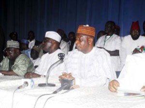 *New PDP: From Left, Rivers State Governor Rotimi Amechi , Niger State Governor Aliyu Babangida , Former Vice President Atiku Abubakar , New PDP Factional National Chairman Abubakar Kawu Baraje, Kano State Governor Rabiu Kawankwazo at Press conference announcing new PDP Factional Leadership in Abuja. Photo by Gbemiga Olamikan.