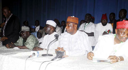 *New PDP: From Left, Rivers State Governor Rotimi Amechi , Niger State Governor Aliyu Babangida , Former Vice President Atiku Abubakar , New PDP Factional National Chairman Abubakar Kawu Baraje, Kano State Governor Rabiu Kawankwazo at Press conference announcing new PDP Factional Leadership in Abuja. Photo by Gbemiga Olamikan.
