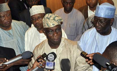 PDP Reconciliation: From left, Former PDP National Chairman, Barnabas Gamade, Former Head of State Ibrahim Babangida, Former President Olusegun Obasanjo, and Chairman Board of Trustee PDP, Tony Anieh addressing Pressmen shortly after their meeting during the Reconciliation meeting of the NEW PDP and the Old PDP. Photo by Gbemiga Olamikan.