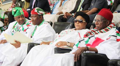 Vice-President Namadi Sambo, President Goodluck Jonathan, Dame Patience Jonathan and Bamanga Tukur at the PDP Convention in Abuja