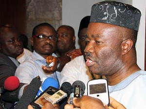 Chairman PDP Governors' Forum, Governor Godswill Akpabio of Akwa Ibom State briefing State Houyse Correspondents on the meeting between President Goodluck Jonathan and the aggreived PDP Governors at the State House, Abuja. Photo by Abayomi Adeshida