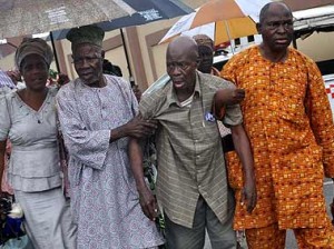 *One of the protester Mr. Felix Adewale Balogun, Chairman Shomolu Local Government Education Authority bin cary out, during A Protest by Nigeria Union of Pensioners, Lagos state, on non payment of Pensioners arrears and gratuities by Lagos state Government, at Lagos House, Alausa, Ikeja. Photo: Bunmi Azeez