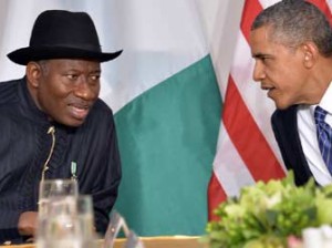 US President Barack Obamar) talks with President Goodluck Jonathan of Nigeria before their bilateral meeting in New York on September 23, 2013 on the sideline of the United Nations General Assembly. AFP Photo