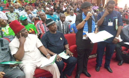 Senator Dr Chris Ngige, APC gubernatorial candidate for Anambra State elections protesting the attack of his campaign vehicles and seizure of two in Agulu, Obi's home town and disruption if his campaigns to the Inspection General of Police ad the Chairman of INEC in a stakeholder's meeting held in Awka , before the election.
