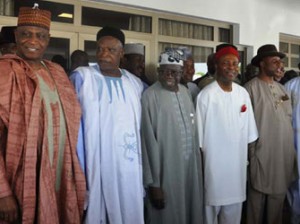 nPDP MergeS with APC: From left, former nPDP Chairman Abubakar Kawu Baraje, former Nasarawa State Governor, Senator Abdulahi Adamu, APC Leader Bola Tinubu, APC Leader Ogbonnaya Onu; Rivers State Governor, Rotimi Amaechi and others shortly after merger of nPDP with APC in Abuja, yesterday. Photo: Gbemiga Olamikan.