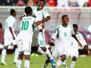 Kelechi Iheanacho, Chigozi Obasi, Raymond Japhet and Abdullahi Alfa of Nigeria celebrate their victory after the FIFA World Cup UAE 2013 Final between Nigeria and Mexica at Mohamed Bin Zayed Stadium on November 8, 2013 in Abu Dhabi, United Arab Emirates. (Photo FIFA/FIFA)