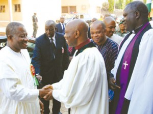 Jonathan arriving COCIN church in Abuja, yesterday.