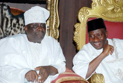 Jonathan with the Oba of Lagos, Oba Rilwan Akiolu, during the President's visit to Oba in Lagos yesterday.