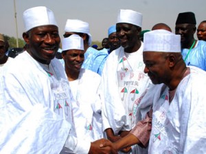 From left: President Goodluck Jonathan; Sokoto State Deputy Governor, Alhaji Muktar Shagari; former Governor Attahiru Bafarawa and Vice President Namadi Sambo during an occasion to welcome Bafarawa to the PDP, yesterday.