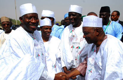 From left: President Goodluck Jonathan; Sokoto State Deputy Governor, Alhaji Muktar Shagari; former Governor Attahiru Bafarawa and Vice President Namadi Sambo during an occasion to welcome Bafarawa to the PDP, yesterday.