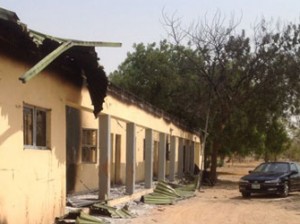DAMAGE—Gov. Ibrahim Gaidam with Speaker Yobe House of Assembly, Adamu Dala Dogo (below left) inspecting the damage in the school, yesterday.