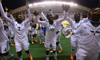 The Flamingoes celebrate victory during the FIFA U-17 Women's World Cup Group D match between Nigeria and Mexico at Estadio Nacional on March 23, 2014 in San Jose, Costa Rica. (Photo FIFA/FIFA)