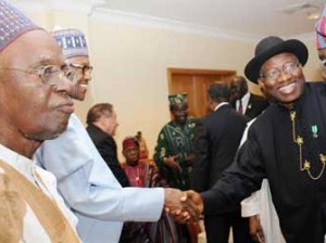 From Left: Former President, Alhaji Shehu Shagari; former Head of State, Gen. Muhammadu Buhari; President Goodluck Jonathan and former Head of Interim National Government, Chief Ernest Shonekan, at the Centenary Dinner and Awards in Abuja on Friday (28/2/14). NAN