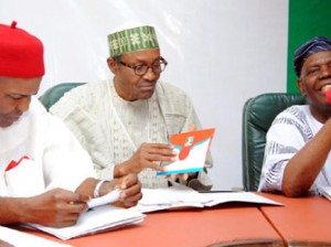 APC NEC Meeting : Interim National Chairman ,All Progressives Congress (APC) , Chief Bisi Akande (right), Former Head of State , Muhammadu Buhari (middle) and a Party Chieftain , Ogbonaya Onu during the National Executive Council meeting of All Progressives Congress (APC) at the National Secretariat of the party in Abuja on Tuesday. Photo by Gbemiga Olamikan.