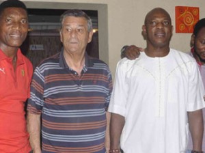 FROM LEFT: Peter Rufai, former Super Eagles goal keeper; former Super Eagles coach, Clemens Westerhof; cSuper Eagles Coach,Stephen Keshi and his assistant, Daniel Amocahi. Photo: AKEEM SALAU.