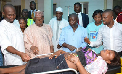FCT Minister, Senator Bala Mohammed (2nd from left), Health Secretary, Dr Demola Onakomaiya (left) during a visit to Maitama General Hospital to sympathize with victims of the bomb blast at Banex Plaza in Wuse II, Abuja…Wednesday.