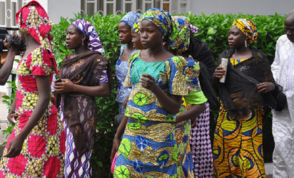 CHIBOK GIRLS—Schoolgirls who have escaped from Boko Haram kidnappers in the village of Chibok, arrive at the Government House to speak with Governor Kashim Shettima in Maiduguri, yesterday. Shettima met with 28 schoolgirls that escaped from the abductors, their parents and parents of more than 200 missing girls to seek ways of assisting them. Photo: AFP.