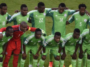 BRAZIL, Curitiba : (From top L) Nigeria's team midfielder John Obi Mikel, forward Emmanuel Emenike, defender Kenneth Omeruo, defender Godfrey Oboabona and defender Efe Ambrose (from bottom L) forward Victor Moses, goalkeeper and captain Vincent Enyeama, forward Ahmed Musa, midfielder Ogenyi Onazi, midfielder Ramon Azeez and defender Juwon Oshaniwa pose during a Group F football match between Iran and Nigeria at the Baixada Arena in Curitiba at the 2014 FIFA World Cup on June 16, 2014. AFP PHOTO