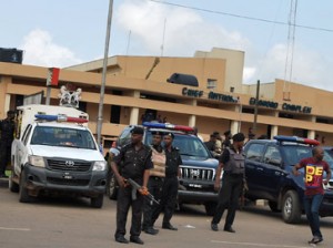 EDO ASSEMBLY CRISIS—Police at the Edo State House of Assembly as the crisis in the House continued, yesterday. Photo: Barnabas Uzosike.