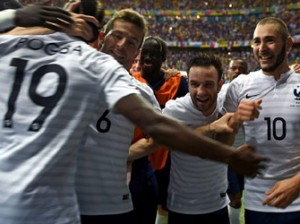 France celebrates after scoring a goal against Nigeria at Brazil 2014.