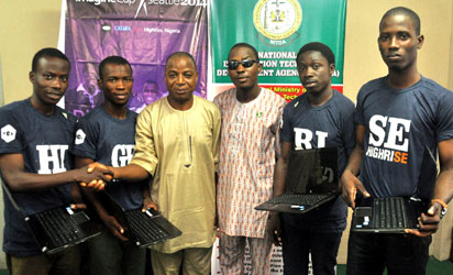 NITDA supports Team High Rise : Adefioye Temidayo, Oyebisi Jemil, Engineer Iorver Ape , Principal Software Officer, PSO, National Information Technology Development Agency, NITDA, Lagos office, Okafor Chukwuemeka from Director General's office, Faleye Benjamin, and Bello Ibraheem at the weekend in Lagos during th e presentation of digital tools to members of Team Nigeria by NITDA for 2014 Microsoft Imagine Cup students software competition kicking off tomorrow in Seattle, Washington.