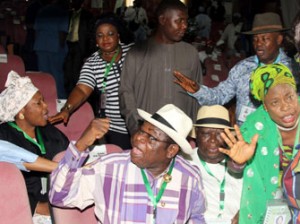 UPROAR OVER Revenue formula: Delegates to the National Conference argue during debate on revenue sharing formula as the conference degenerated into a rowdy session, yesterday.