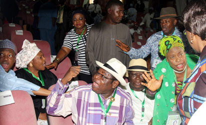 UPROAR OVER Revenue formula: Delegates to the National Conference argue during debate on revenue sharing formula as the conference degenerated into a rowdy session, yesterday.