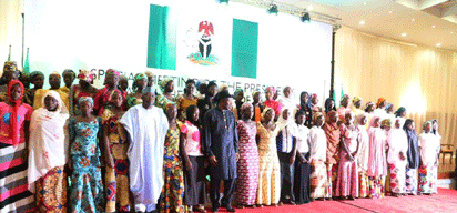 President Jonathan & Senator David Mark with Chibok girls at the Presidential Villa today