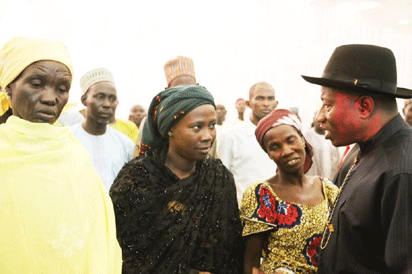 President Jonathan interacting with parents of abducted Chibok girls at the State House