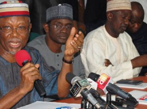 From left, All Progressive Congress (APC) National Chairman, Chief John Oyegun; National Secretary APC, Allhaji Maimala Bunni and Deputy National chairman North, Alhaji Shaibu Lawal addressing pressmen reacting to impeachment moves by Federal Government and PDP in the State of the Federation in Abuja yesterday. Gbemiga Olamikan.