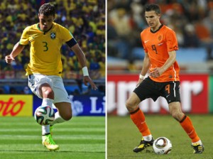A combination of file pictures shows Netherlands' striker and captain Robin van Persie (R) controlling the ball in Durban on June 28, 2010 and Brazil's defender and captain Thiago Silva controlling the ball in Belo Horizonte on June 28, 2014. Brazil will try to rescue some of their battered pride after their humiliating World Cup semi-final defeat to Germany as they face the Netherlands in the third-place play-off in Brasilia on July 12, 2014. AFP PHOTO