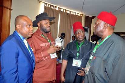 Confab: From left, Mr Christian Udechukwu, Chief Dan Nwanyanu, Chief Victor Umeh and Senator Ike Nwachukwu discussing during National Conference in Abuja . Photo by Gbemiga Olamikan