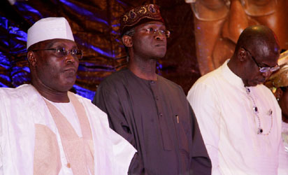 LECTURE: From left; Former Vice President Atiku Abubakar, Governor Babatunde Fashola of Lagos State and Chief Timipre Sylva at the 50th birthday lecture in honour of the former Bayelsa State Governor at Sheraton Hotel, Abuja yesterday.