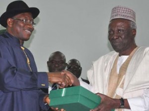 Confab Closes— From left: President Goodluck Jonathan receiving Report of 2014 National Conference from Chairman of the Confab, Justice Idris Kutigi at the closing ceremony of conference in Abuja, yesterday. Photo: Gbemiga Olamikan.