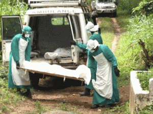 Health workers evacuating the remains of an Ebola Virus Disease victim.