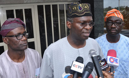 From left: Mr. Remi Ibirogba, Commissioner, Information and Strategy, Gov. Babatunde Fashola of Lagos and Mr. Lateef Raji, Special Adviser on Information and Strategy, during the Governor’s Press briefing on Ebola Virus, at Lagos House, Alausa, Ikeja, Lagos. Photo: Bunmi Azeez
