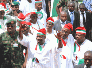 President Goodluck Jonathan with PDP chieftains at the party's rally for August 9 governorship election in Osun State.