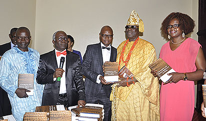 From Left;Mr Wale Adeoye Represent Governor Kayode Fayemi Of Ekiti State,Femi Falana SAN;Chairman Of the Occassion,Mr Kolawole Olaniyan The Author Of the Book;His Royal Majesty,Oba Rilwanu Akiolu,The Oba Of Lagos And Mrs Helen Olaniyan Wife Of the Author.At the Public Presentation Of Book Corruption And Human Rights Law in Africa held at Sheraton Hotel Ikeja Lagos.PHOTO;AKEEM SALAU.