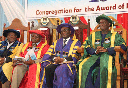 Anniversary: Lagos State Governor, Visitor to Lagos State University, LASU, Mr. Babatunde Fashola SAN (right); Pro-Chancellor and Chairman, Governing Council, Mr. Olabode Agusto (2nd right); Vice Chancellor of the University, Professor John Obafunwa (2nd left), and the Special Adviser on Education to the Governor, Otunba Fatai Olukoga (left), during the 19th Convocation Ceremony and Congregation for Award of Higher Degrees as part of activities to mark the University’s 30th Anniversary Celebration, at the Main Auditorium, Ojo, Lagos, yesterday.