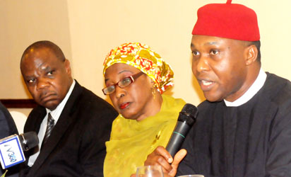 From left: Commissioner, Accident and Investigation Bureau, Dr Felix Abali; Permanent Secretary, Federal Ministry of Aviation, Dr Jumaila Shu’ara and Minister, Chief Osita Chidoka at a news conference in lagos on tuesday