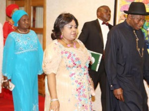 FROM RIGHT President Goodluck Jonathan the First Lady, Wife of the Senate President Mrs David Mark Chairman of the Fund Raising Dinner Gen Ty Danjuma and the Deputy Senate President Senator Ike Ekweremadu arriving for the Fund Raising Dinner for Victims of Terrorism at the State House Abuja Thursday